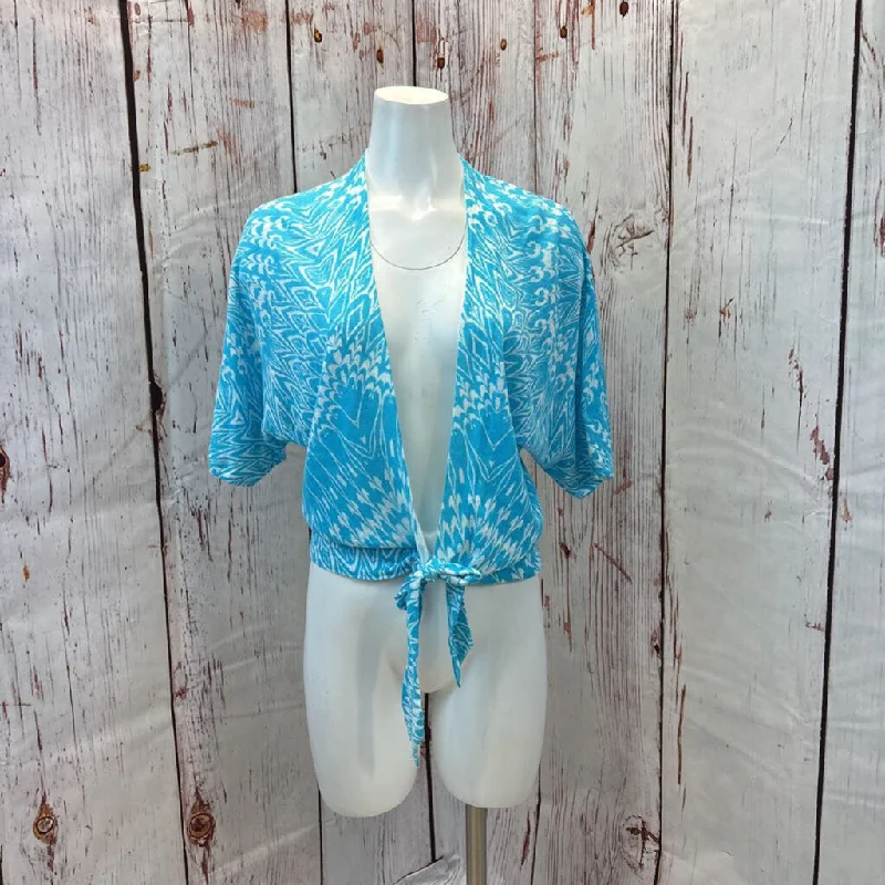 CHICOS AQUA WHITE PTRN LINEN BLEND CARDIGAN TOP SZ 0 (2/4) Machine Wash Dry Clean Hand Wash