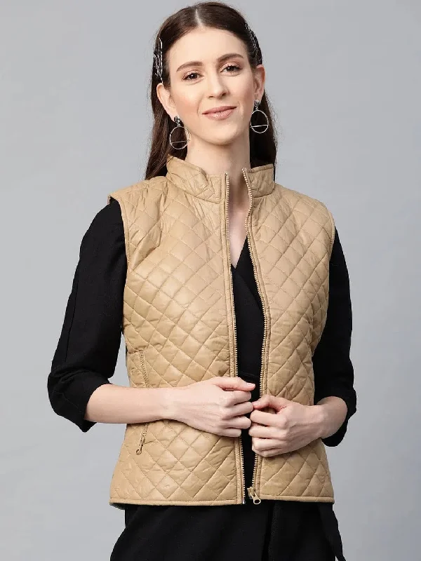 Women Solid Beige Sleeveless Jacket Notch Collar Peter Pan Collar Cowl Neck