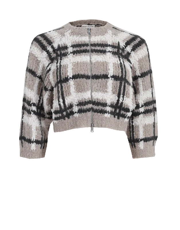 Cropped Windowpane Cardigan Denim Fabric Leather Fabric Suede Fabric