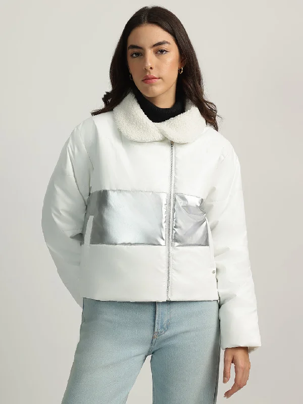 Elle Women White Color-Blocked Spread Collar Full Sleeves Puffer Jacket Cotton Jacket Linen Jacket Terry Jacket