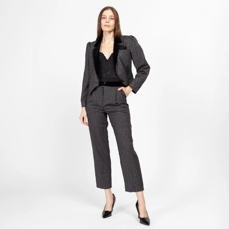 XS 80s Grey Pinstriped Cropped Jacket & Pants Suit Set Satin Jacket Silk Jacket Chiffon Jacket XS 80s Grey Pinstriped Cropped Jacket & Pants Suit Set Satin Jacket Silk Jacket Chiffon Jacket