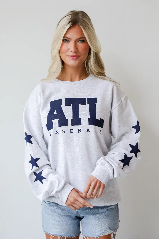 Heather Grey ATL Baseball Star Sweatshirt Hoodie with Hem Frayed Vintage Worn