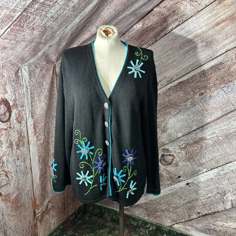 VINTAGE NORM THOMPSON BLACK TEAL CHECKER BUTTON EMRBOID CARDIGAN SZ 2X/3X D2C Cashmere Blend Cotton Blend Poly Blend