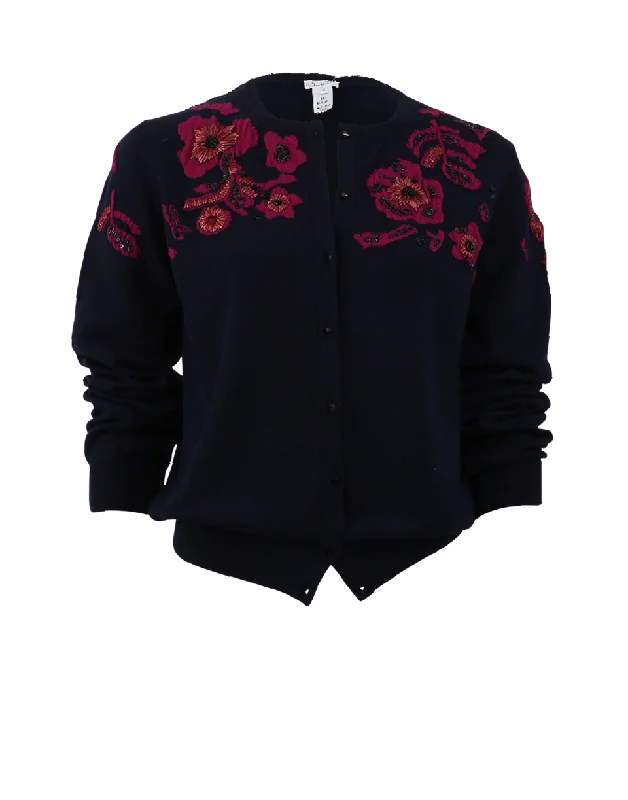 Cropped Floral Cardigan Solid Print Embellished