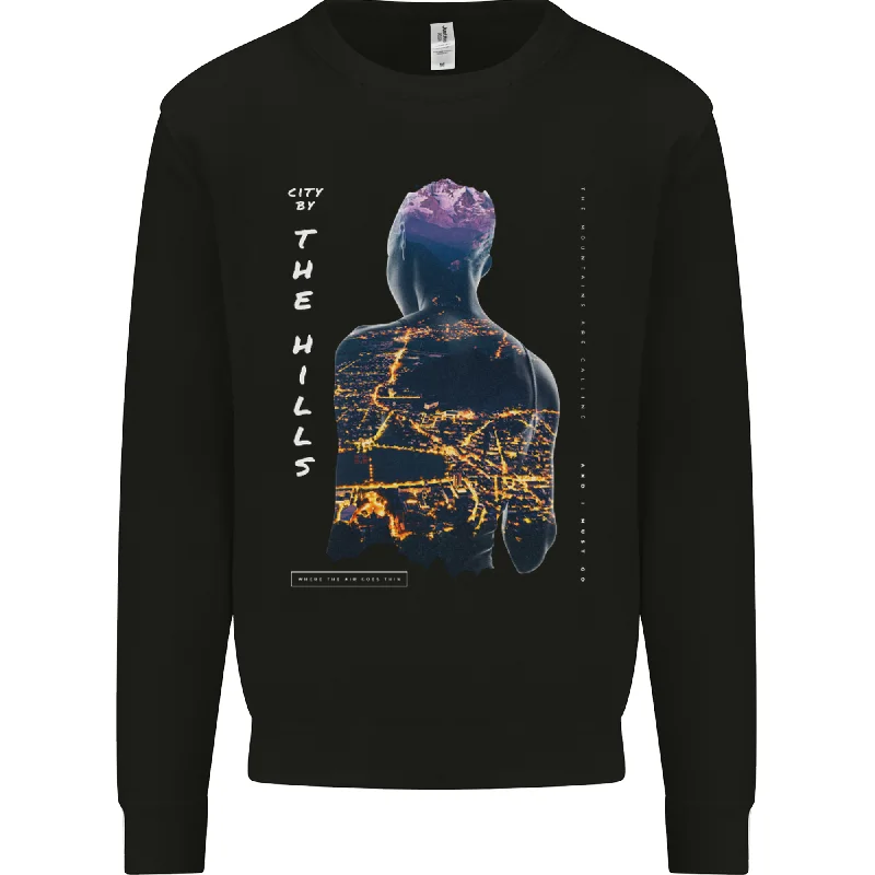 City Lights & Mountains Double Exposure Mens Sweatshirt Jumper Hoodie with Side Slits Relaxed Casual City Lights & Mountains Double Exposure Mens Sweatshirt Jumper Hoodie with Side Slits Relaxed Casual