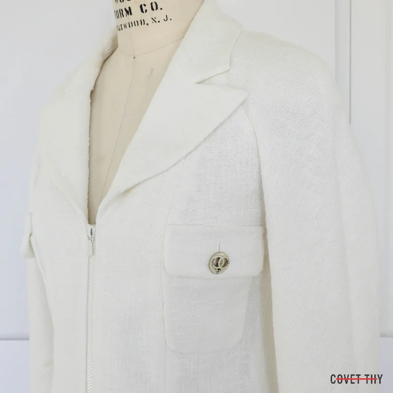 Chanel Womens White Tweed CC Cotton Zip Blazer, Size 36 Women's Luxurious Jacket