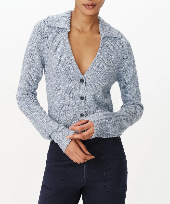 Cotton Blend Collared Cardigan - Pastel Blue Marl Glossy Satin Silk