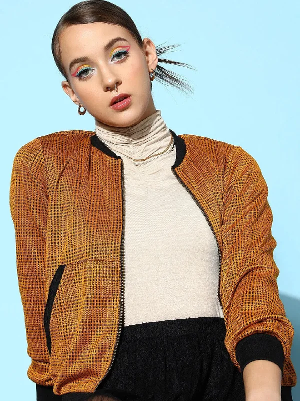 Women Printed Standard Mustard Jacket Ribbed Jacket Pleated Jacket Ruffled Jacket