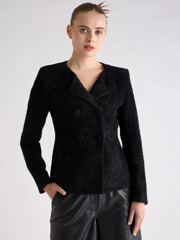 Centrestage Women Black Self-Design Notched Collar Full Sleeves Tailored Fit Jacket Zippered Jacket Buttoned Jacket Snapped Jacket Centrestage Women Black Self-Design Notched Collar Full Sleeves Tailored Fit Jacket Zippered Jacket Buttoned Jacket Snapped Jacket