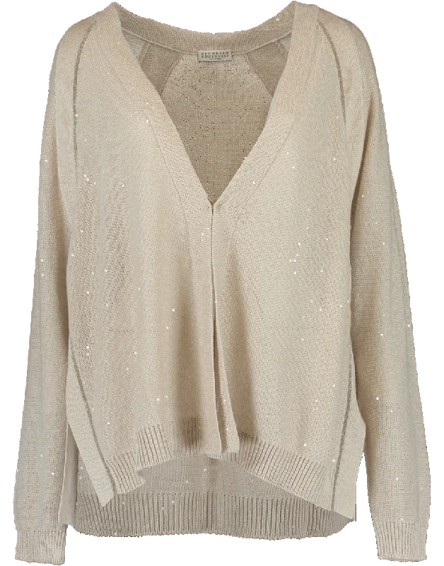 Linen Silk Paillette Cardigan Toggled Drawstring Belted