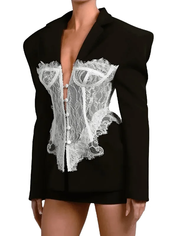 Women's Lace Corset Blazer Stitched Single Breasted Ladies Black Blazer Coat Vintage Women's Slim Suit Jacket New Chenille Fabric Brocade Fabric Lace Fabric Women's Lace Corset Blazer Stitched Single Breasted Ladies Black Blazer Coat Vintage Women's Slim Suit Jacket New Chenille Fabric Brocade Fabric Lace Fabric