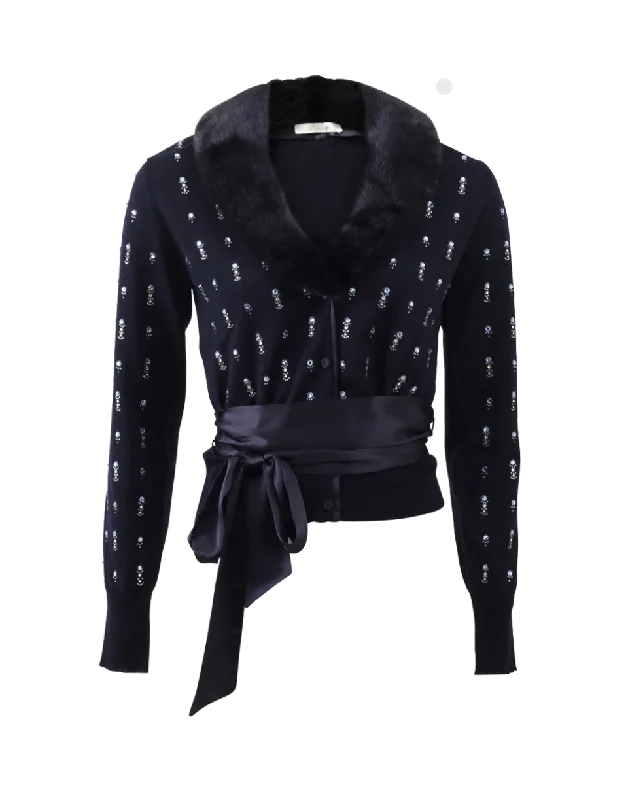 Fur Trim Jeweled Cardigan Iron Safe Non-Iron Wrinkle Free