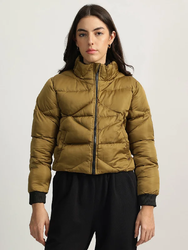 Iconic Women Gold Solid Stand Collar Full Sleeves Puffer Jacket Front Pockets Side Pockets Patch Pockets Iconic Women Gold Solid Stand Collar Full Sleeves Puffer Jacket Front Pockets Side Pockets Patch Pockets