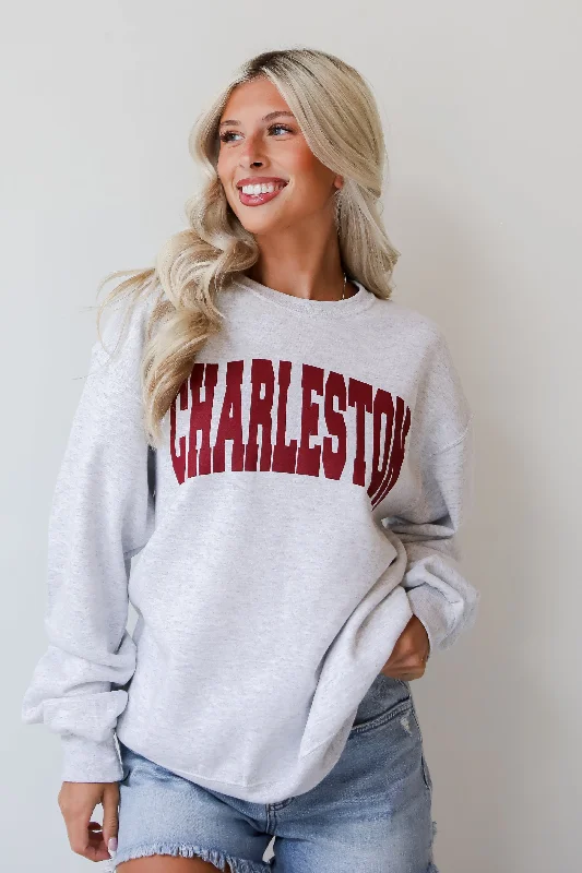 Heather Grey Charleston Block Letter Sweatshirt Hoodie with Hem Applique Textured Unique Heather Grey Charleston Block Letter Sweatshirt Hoodie with Hem Applique Textured Unique