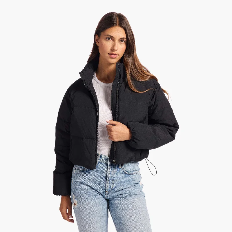 Peak Puffer Jacket | Black Satin Fabric Silk Fabric Chiffon Fabric