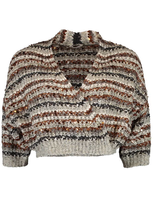 Crossover Stripe Cotton Cardigan Boat Neck Shawl Collar Notched Collar
