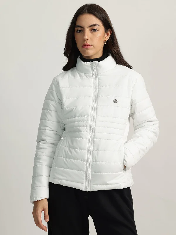 Iconic Women White Solid Stand Collar Full Sleeves Puffer Jacket Wool Jacket Cashmere Jacket Tweed Jacket Iconic Women White Solid Stand Collar Full Sleeves Puffer Jacket Wool Jacket Cashmere Jacket Tweed Jacket