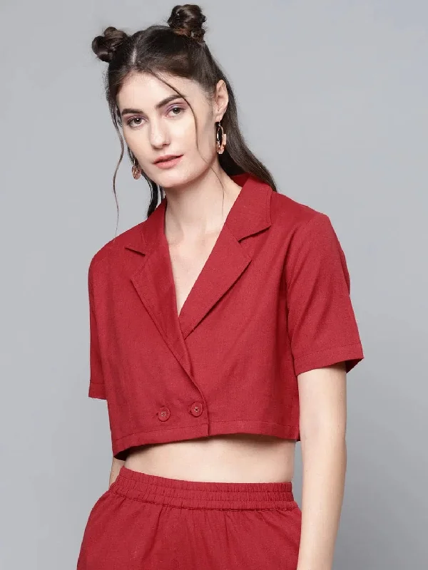 Maroon Cotton Linen Crop Blazer Top Women's Short Blazer