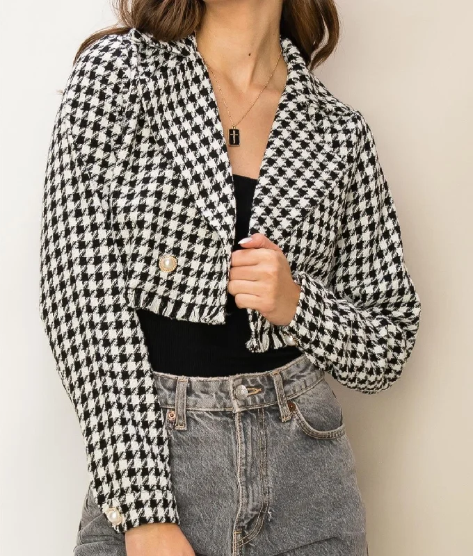 Houndstooth tweed cropped jacket A-Line Jacket Boat Neck Shawl Collar
