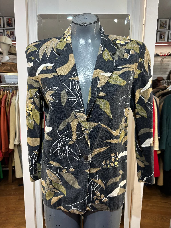 90’s Black & Olive Garden Print Blazer By Rafaella Women's Custom Jacket