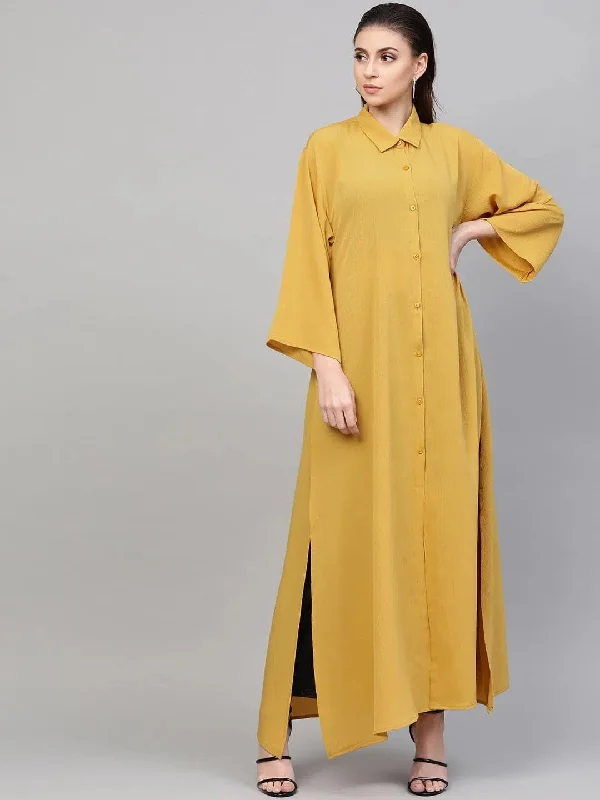 Women Solid Mustard Collared Neck Jacket Zippered Front Buttoned Front Snap Front