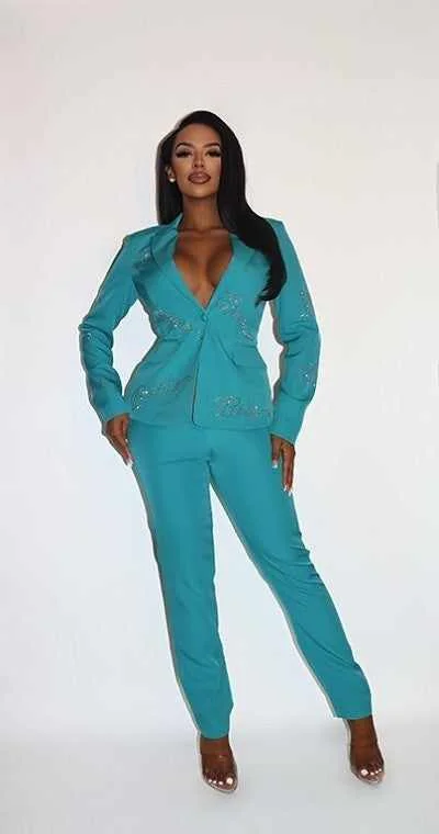 Two-Piece Power Suit Blazer With Rhinestone Letterings High-End Women's Suit