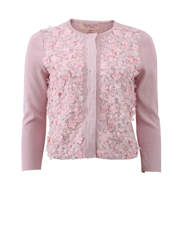 Embroidered Floral Cardigan Real Fur Shearling Chenille