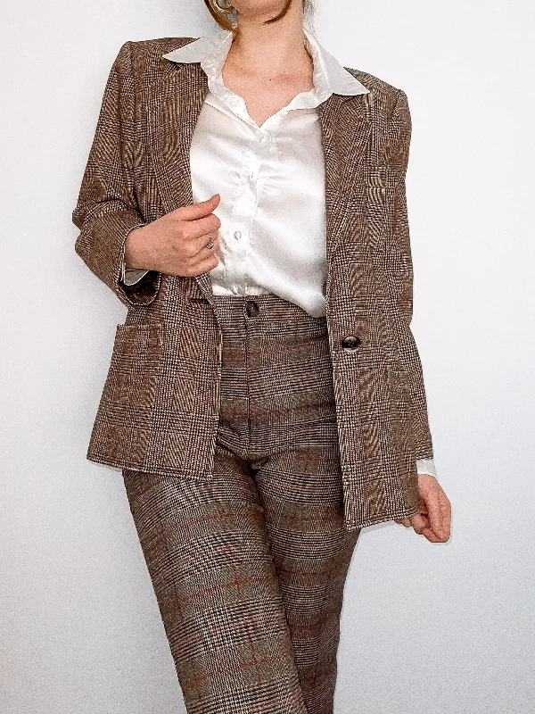 Plaid Structured Blazer with Shoulder Pads Brown Women's Trendy Jacket