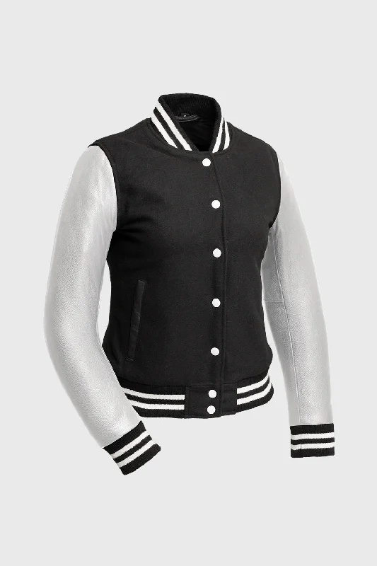 Sarah - Women's Varsity Jacket - White Leather Sleeves Denim Fabric Leather Fabric Suede Fabric Sarah - Women's Varsity Jacket - White Leather Sleeves Denim Fabric Leather Fabric Suede Fabric