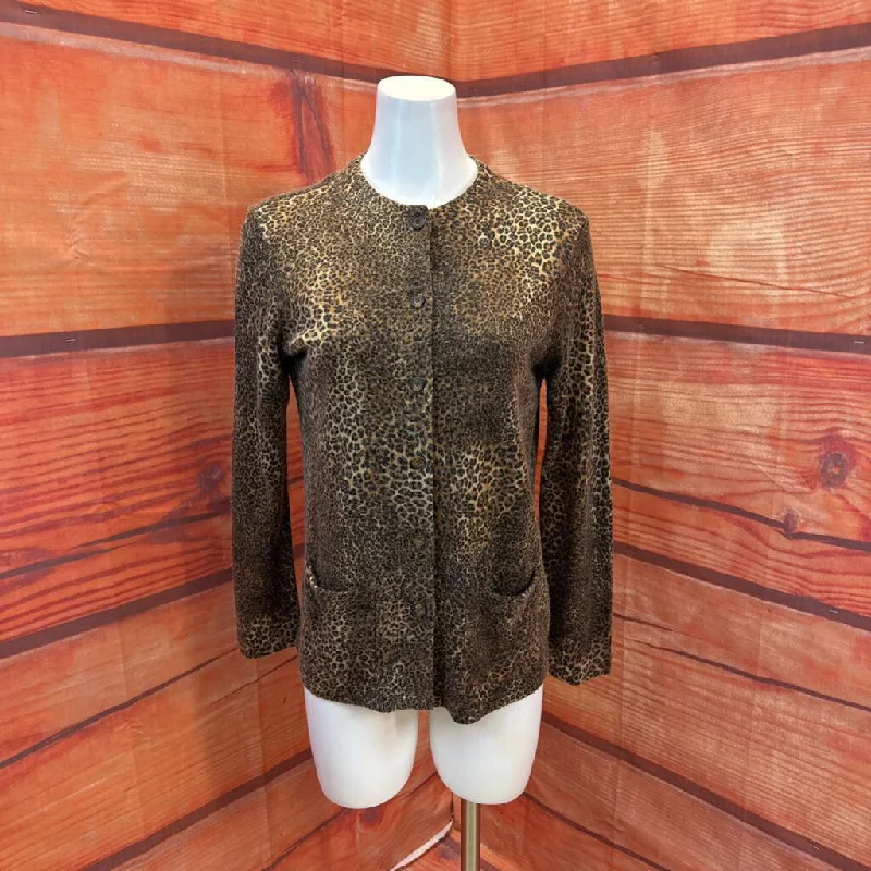 CABO BROWN WOOL BLEND LEOPARD CARDIGAN SZ SMALL TCC Satin Blend Silk Blend Wool Blend