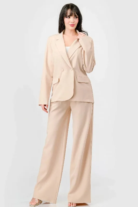 Luxe Comfort Stretch Blazer & Wide Leg Pants Set - Loose Fit Cotton Blend Blazer
