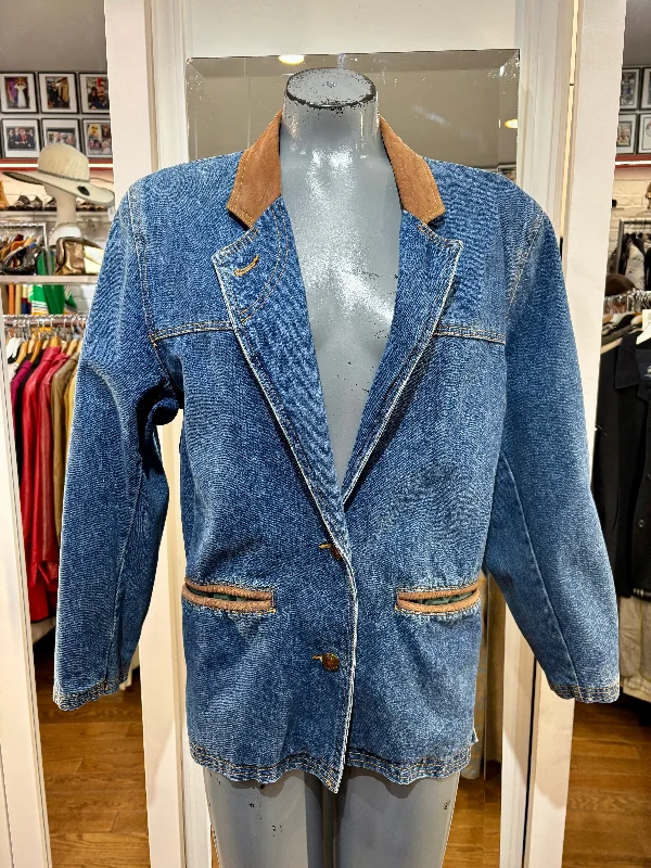 90’s Blue Denim with Leather Trim Details Blazer by Outback Red Women's Premium Blazer 90’s Blue Denim with Leather Trim Details Blazer by Outback Red Women's Premium Blazer