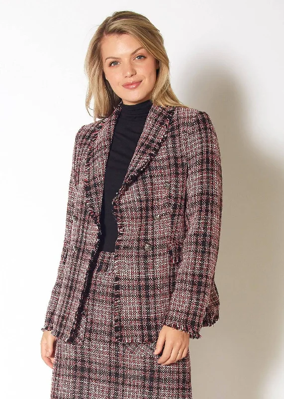 Fringe Hem Plaid Tweed Blazer in Red Black Tweed Spring Women's Coat