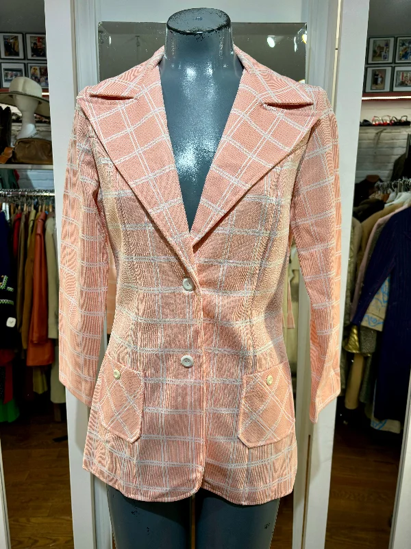 70’s Salmón and Off White Tartan Blazer By Queen Casual Women's Handmade Blazer