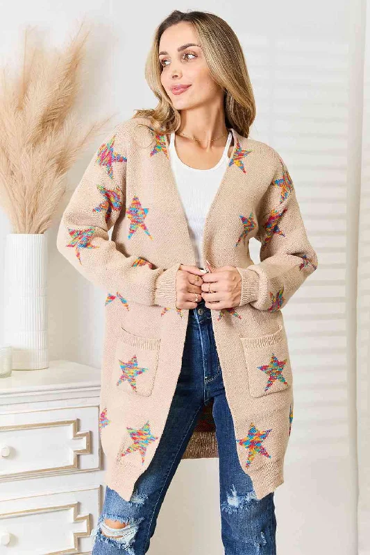 Double Take Star Pattern Open Front Longline Cardigan Cotton Fabric Linen Fabric Terry Fabric