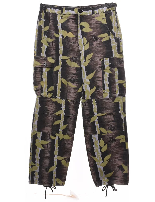 Leafy Print Y2K Style Cargo Trousers - W32 L30 Trousers sophisticated sleek