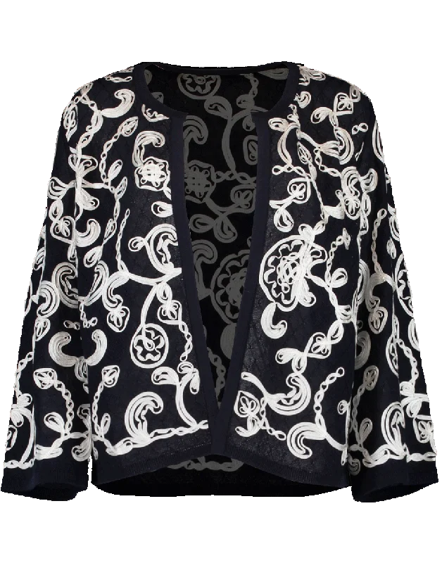 Cropped Embroidered Cardigan Front Pockets Side Pockets Patch Pockets