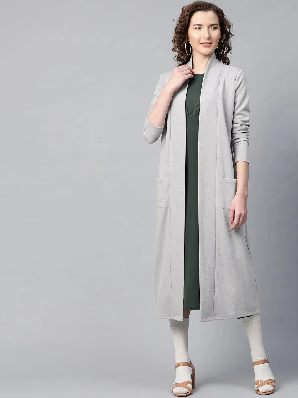 Women Solid Grey Full Sleeve Jacket A-Line Jacket Boat Neck Shawl Collar