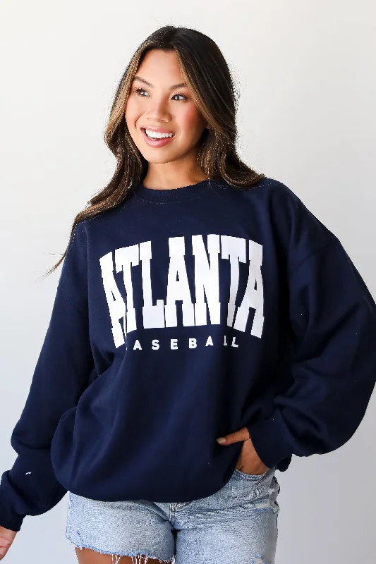 Navy Atlanta Baseball Sweatshirt Hoodie with Ribbed Neckline Snug Warm