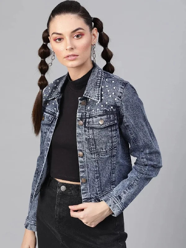 Women Solid Standard Blue Jacket Front Pockets Side Pockets Patch Pockets