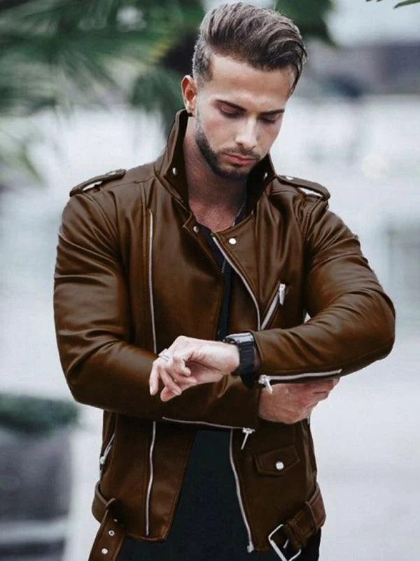 Zipper Men Leather Biker Jacket Satin Jacket Silk Jacket Chiffon Jacket