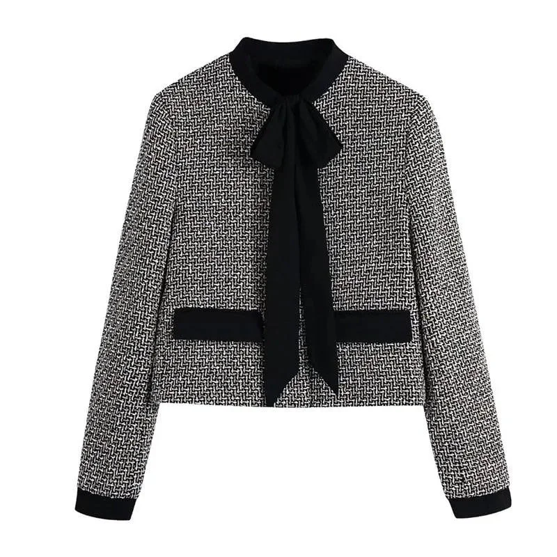 Elegant Bow Tied Women Tweed Jacket Hoodie Zip-Up Jacket Button-Up Jacket
