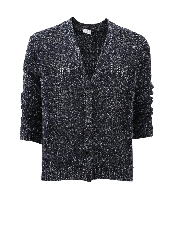 Embroidered Grid Paillette Cardigan Chenille Blend Fleece Blend Nylon Blend
