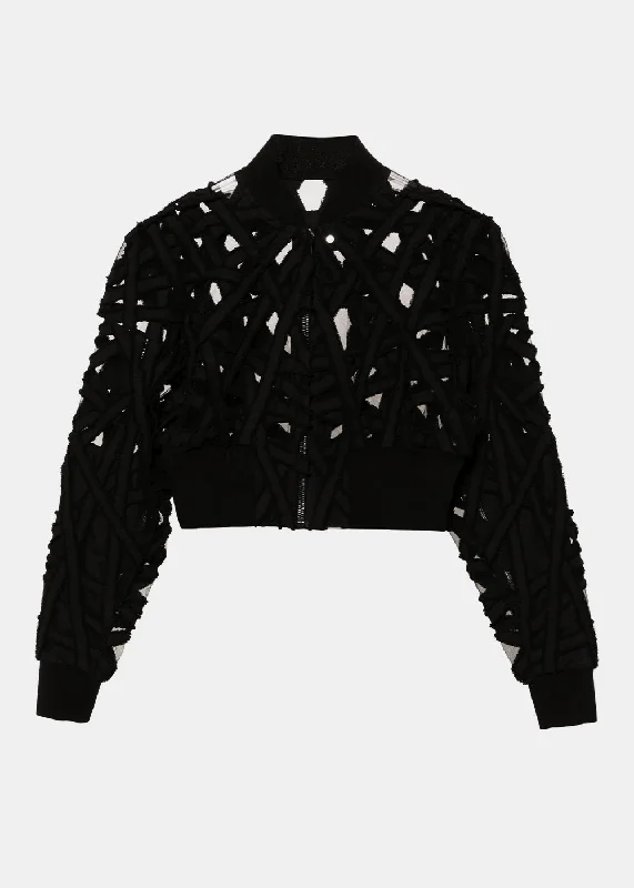 Black Cropped Flight Jacket Boat Neck Shawl Collar Notched Collar