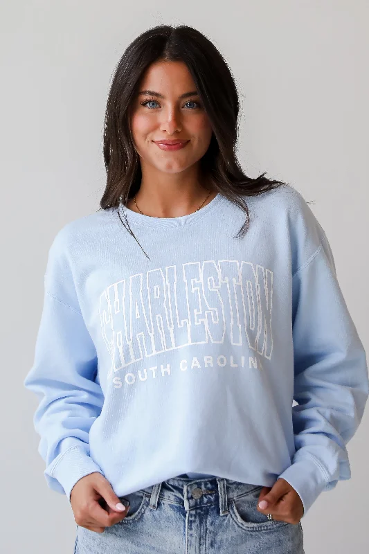 Light Blue Charleston South Carolina Block Letter Sweatshirt Hoodie with Hem Lace Feminine Delicate Light Blue Charleston South Carolina Block Letter Sweatshirt Hoodie with Hem Lace Feminine Delicate