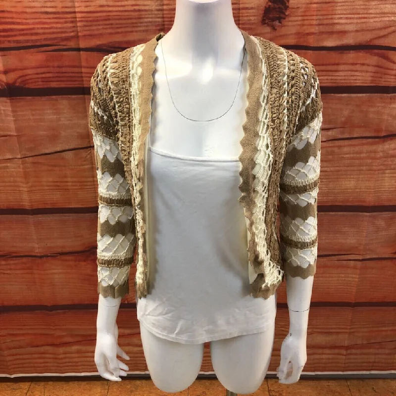 DOLCE CABO TAN WHITE CROCHET CARDIGAN SIZE SMALL TCC Layered Multi-layer Single Layer