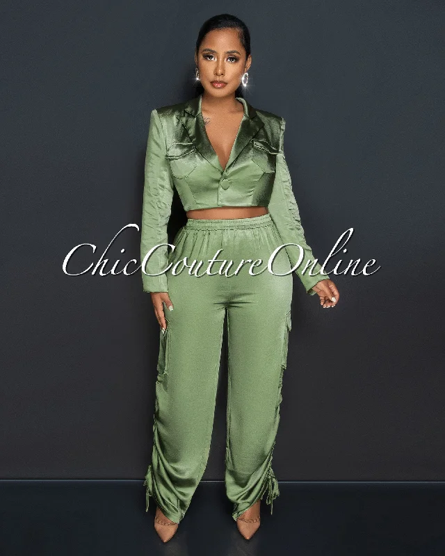 Vonetta Olive Green Crop Blazer & Cargo Pants Silky Set Women's Vintage Suit