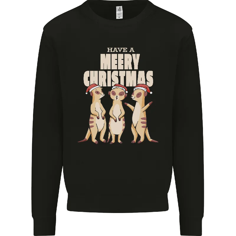 Christmas Meercats Wearing Xmas Hats Mens Sweatshirt Jumper Hoodie with Raw Hem Edgy Unfinished Christmas Meercats Wearing Xmas Hats Mens Sweatshirt Jumper Hoodie with Raw Hem Edgy Unfinished