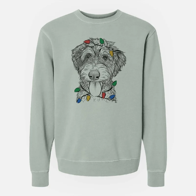 Christmas Lights Myrtle Mae the Aussiedoodle - Unisex Pigment Dyed Crew Sweatshirt Hoodie with Contrast Stitching Detailed Premium