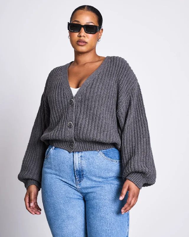 CHUNKY CARDIGAN LENA DARK GREY GOTS Terry Blend Velvet Blend Canvas Blend